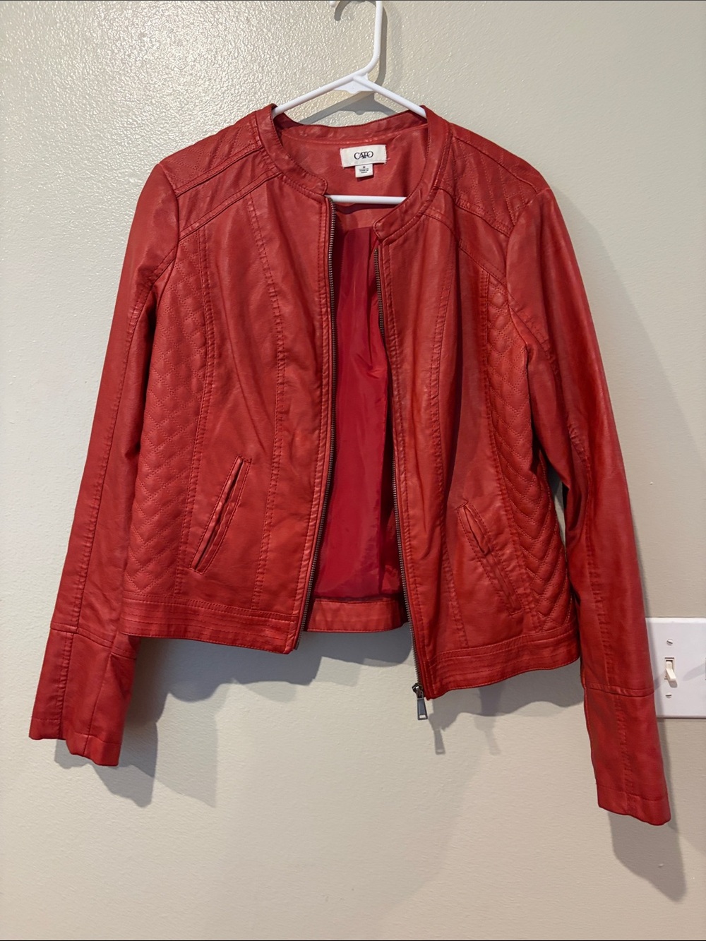 Cato Red Faux Leather Moto Jacket with Quilted Panels